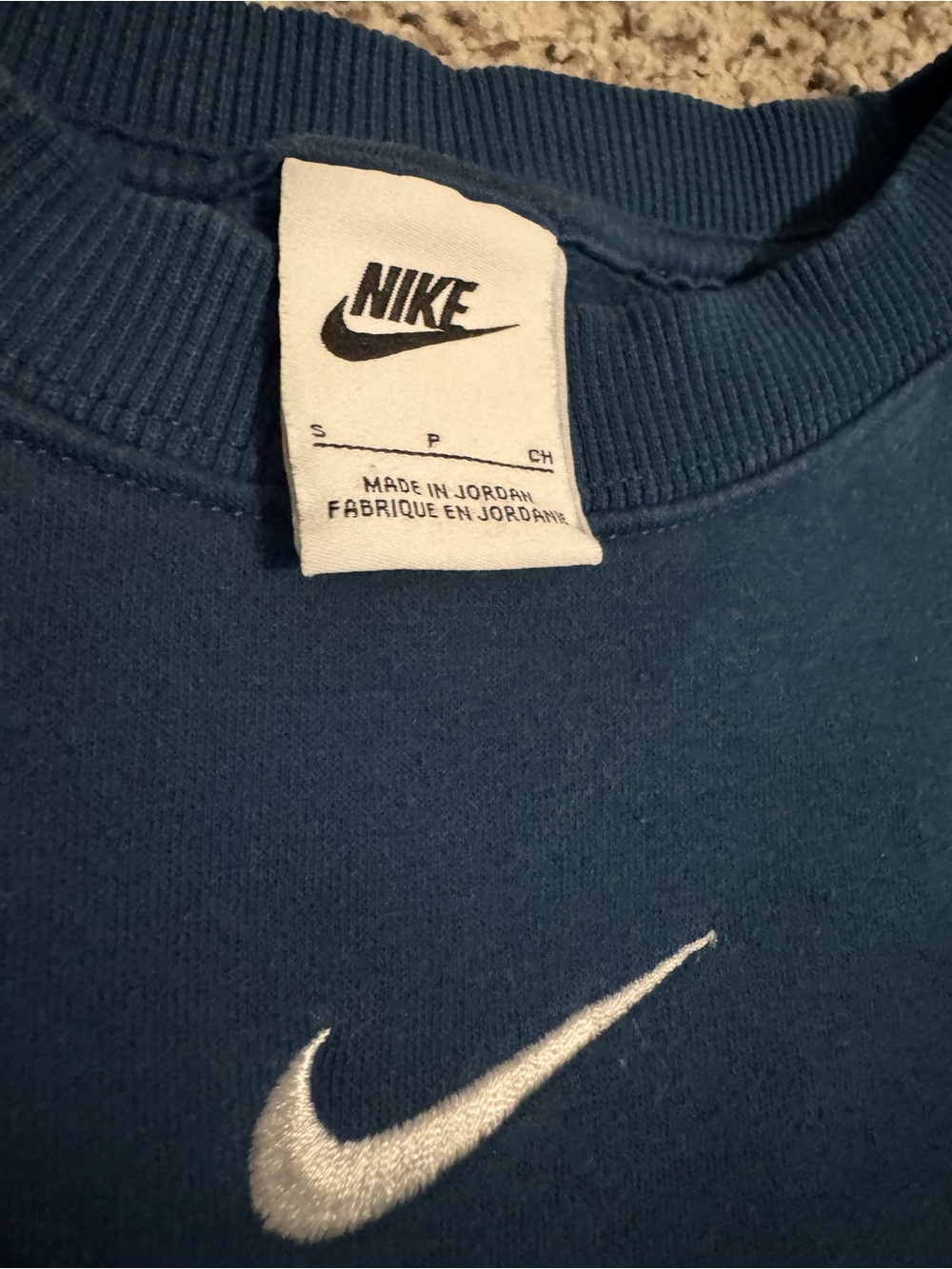 Nike Blue cropped Crewneck Sweatshirt with White Embroidered Swoosh